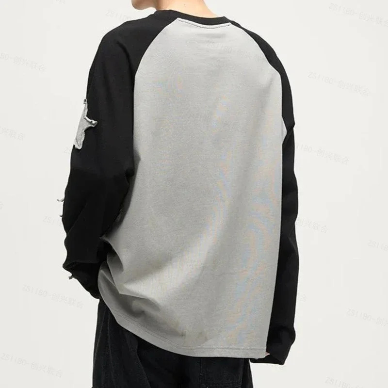 Harajuku Star Embroidery Y2K Pullover Womens Contrast Patch Harajuku Dress Long Sleeve Preppy Long Sports Top 240716