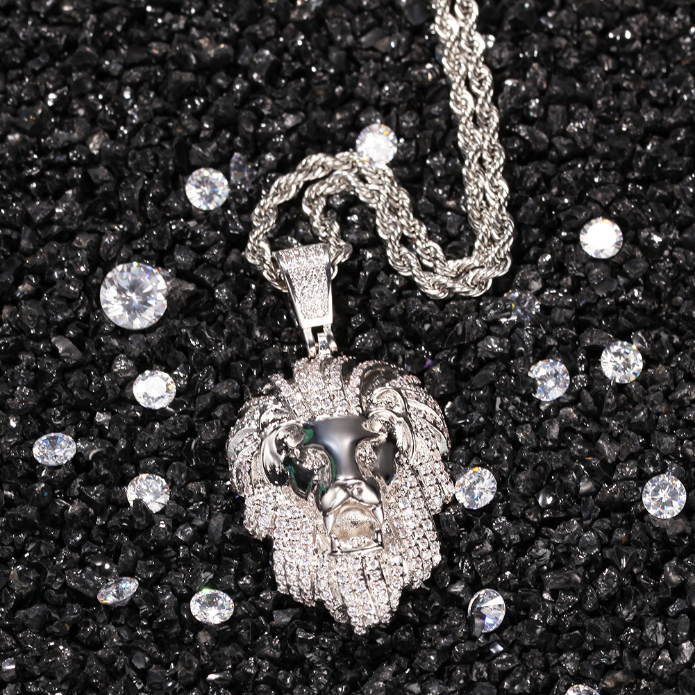 Hip Hop Lion Head Pendant Necklace 18k Gold Plated with Rope Chain Mens Rap Jewelry
