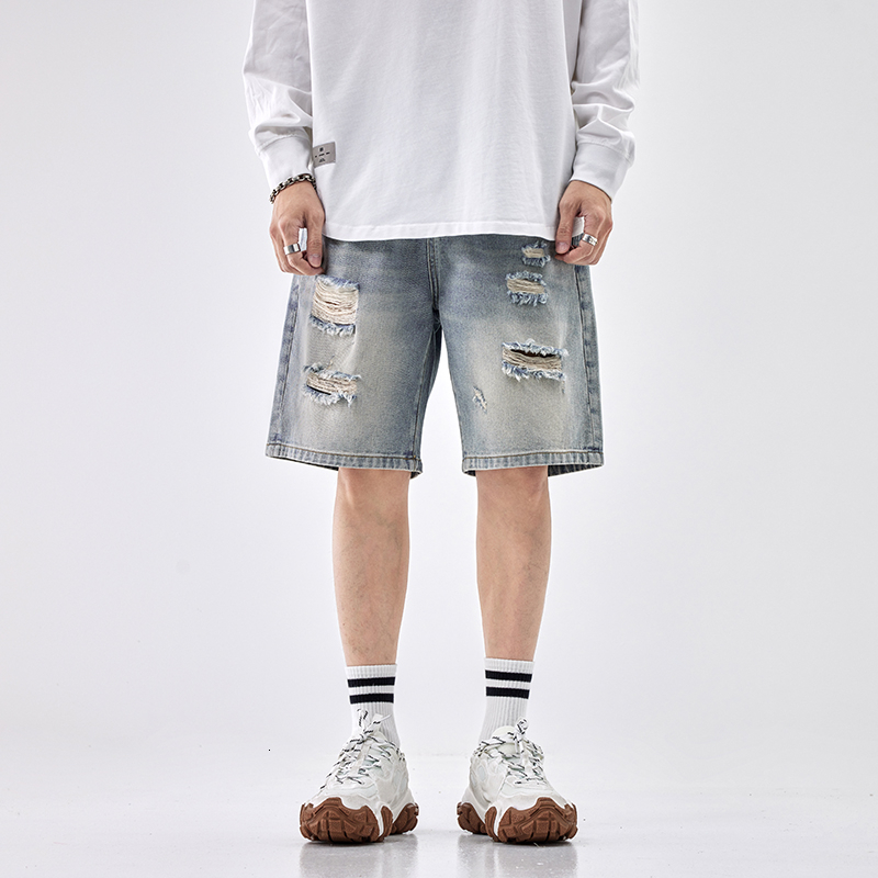 Summer ripped denim shorts for boys, loose and outerwear, cropped pants, trendy brand plus size mid length pants