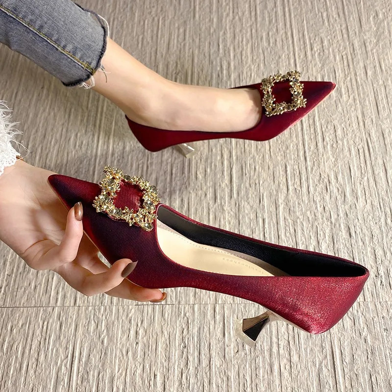 Sequined Rhinestone Beige Wedding Shoes 7cm High-heeled Shoes Women's Thin Heels Sexy Pumps Women Shoes Female Bride Summer 240708