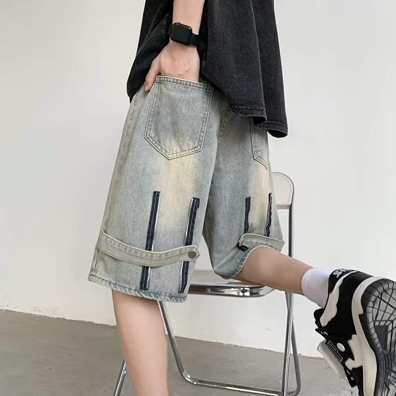 Workwear denim men's summer thin mid length shorts American street versatile loose straight five quarter pants