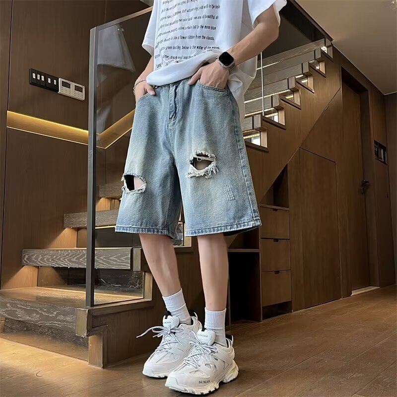 Men's denim shorts, men's summer style, American high waisted outer straight leg pants, cool and casual five quarter pants