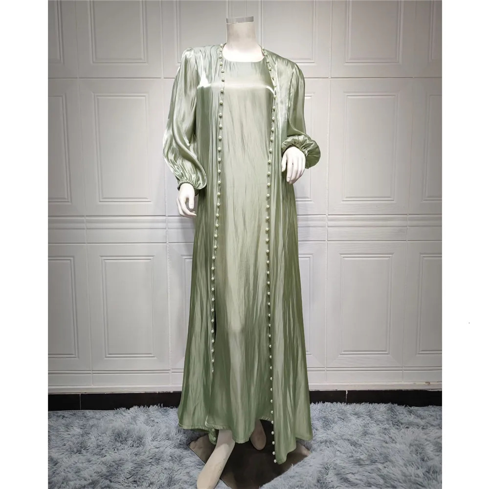 Elegant Muslim Abaya 2 Pieces Matching Sets Beads Satin Women Hijab Dress Evening Gown Turkey Arab Islam Outfits Caftan Moroccan 240712