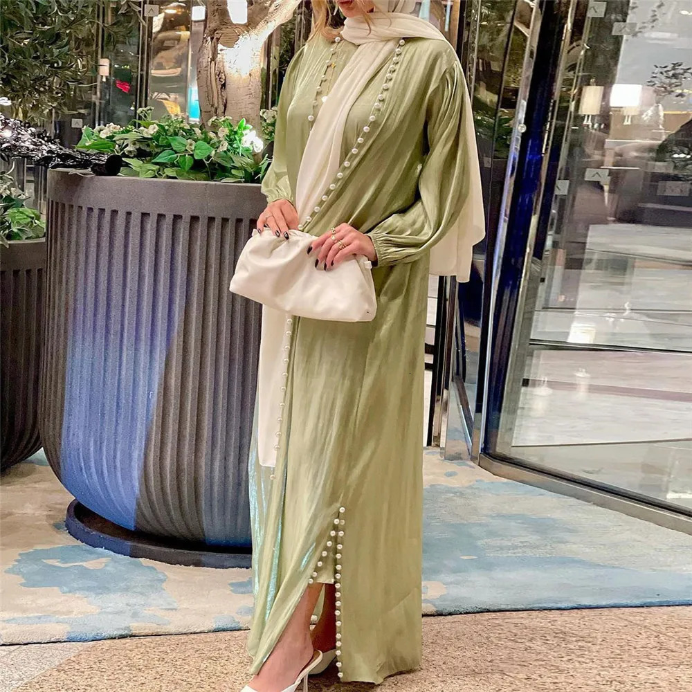 Elegant Muslim Abaya 2 Pieces Matching Sets Beads Satin Women Hijab Dress Evening Gown Turkey Arab Islam Outfits Caftan Moroccan 240712
