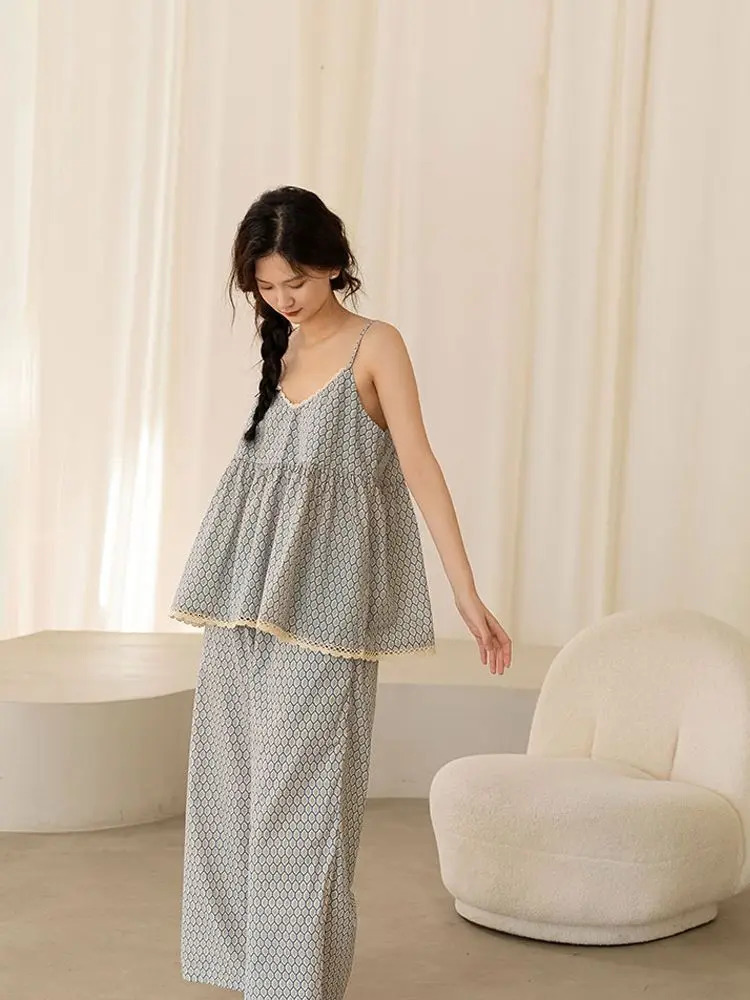 Women Spring Summer 3 Pcs Pajams Gown Set Female Sweet Geometric Printed Robe Top Pants Home Clothing Casual Loose Nightdress 240712