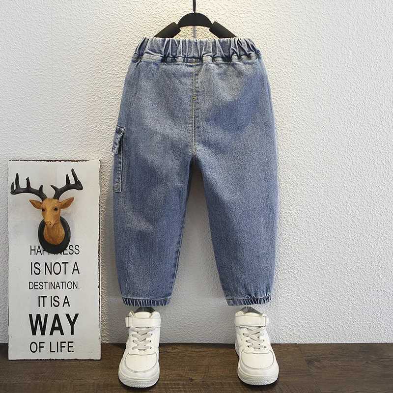Childrens jeans spring and autumn blue denim pants childrens cargo jeans toddlers babies boys casual 2-6yW240718