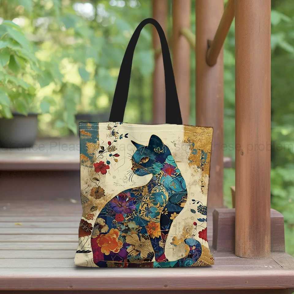 Floral Cat Pattern Tote Bag Aesthetic Canvas School Shoulder Bag Lightweight Grocery Shopping Bag Z240910
