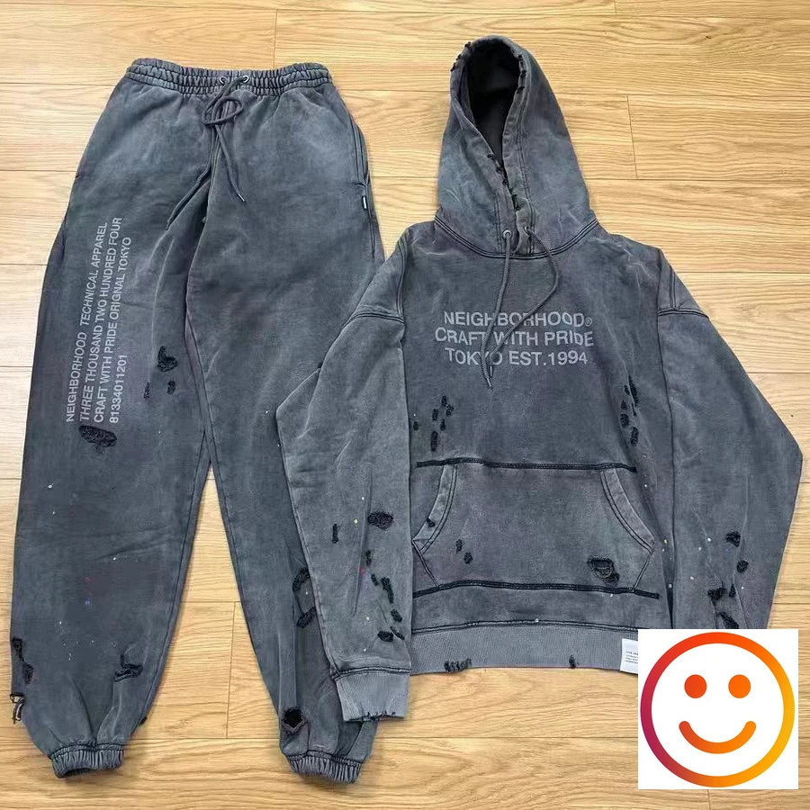 Gray Neighborhood NBHD Hole Damage Track Pants Hoodie Set Tokyo Mens Heavy duty Fabric Retro Wash Splash Ink Sportswear 240717