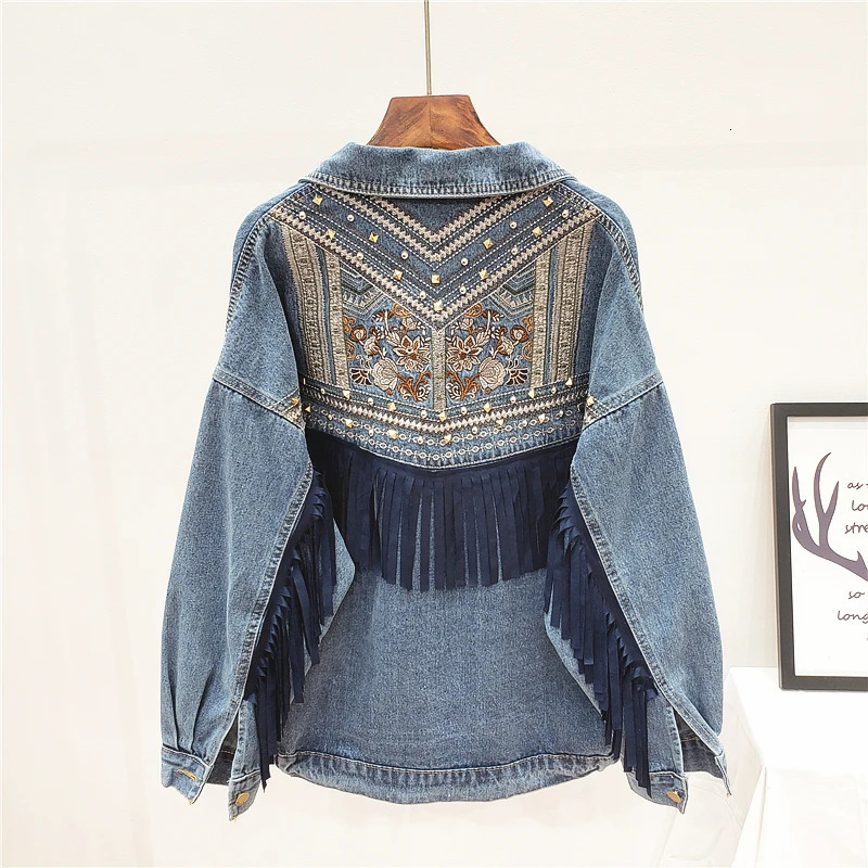 Boho Womens Denim Jacket Spring Vintage Floral Embroidery Suede Fringe Loose Long Sleeve Jean Jacket Casual Ropa De Mujer 240717