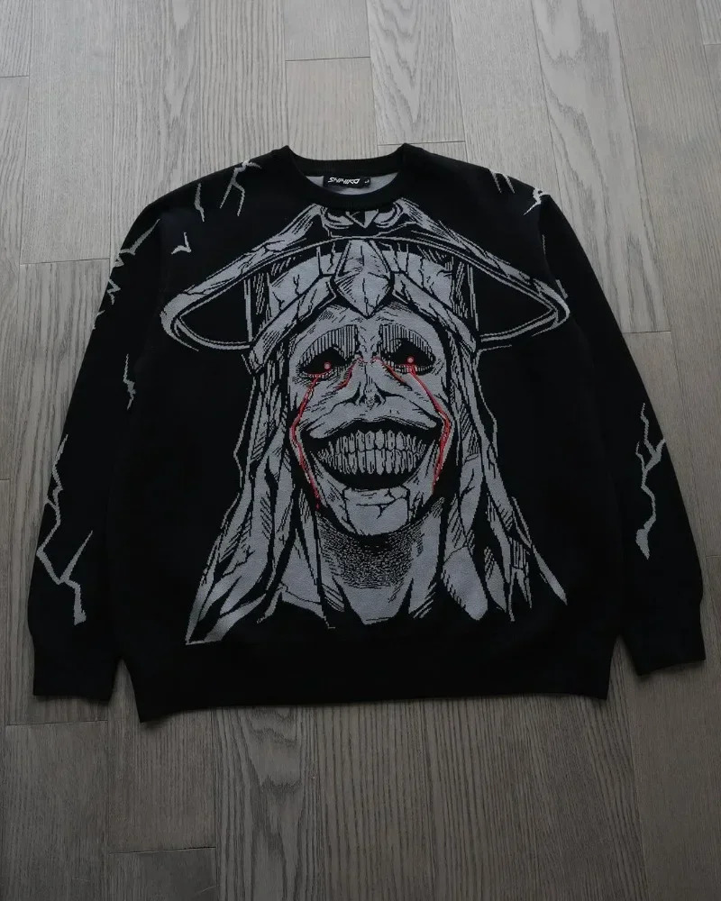 Black Gothic Anime Character Graphic Printing Large Mens Sweater Y2K Street Hip Hop Pop Full Match Bag Hoodie 240718