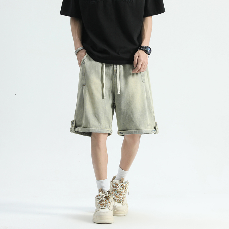 Clean fit washed distressed loose wide straight leg casual five part denim shorts for both men and women