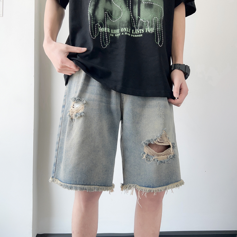 Ripped denim shorts for men, thin, loose, fringed casual pants, American high street five quarter pants