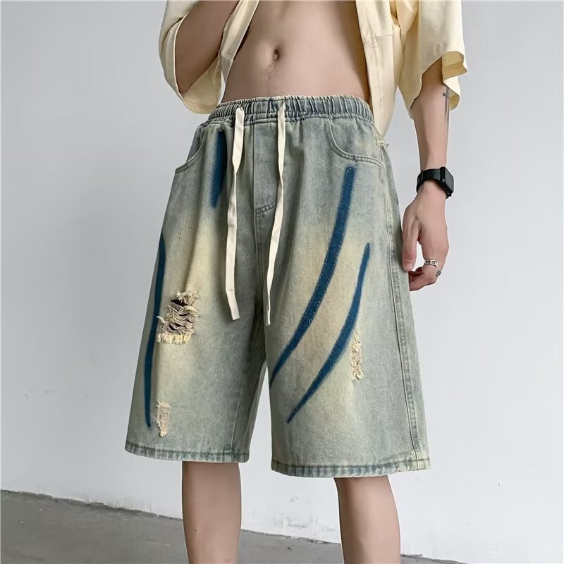 Yellow mud ripped hole American high street Vibe trendy brand denim shorts men's West Coast cement color 5-point pants summer thin