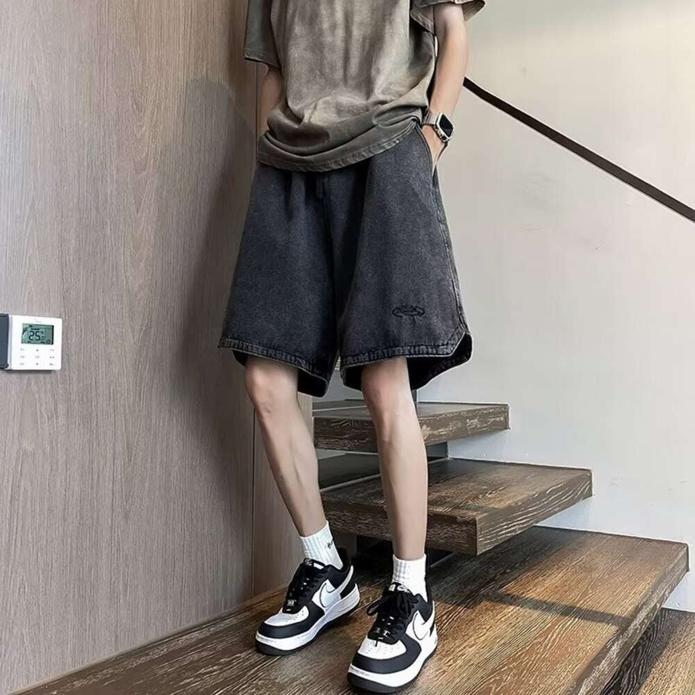 Denim shorts for men, summer gradient high street trend washed straight leg pants, oversized loose casual thin cropped pants