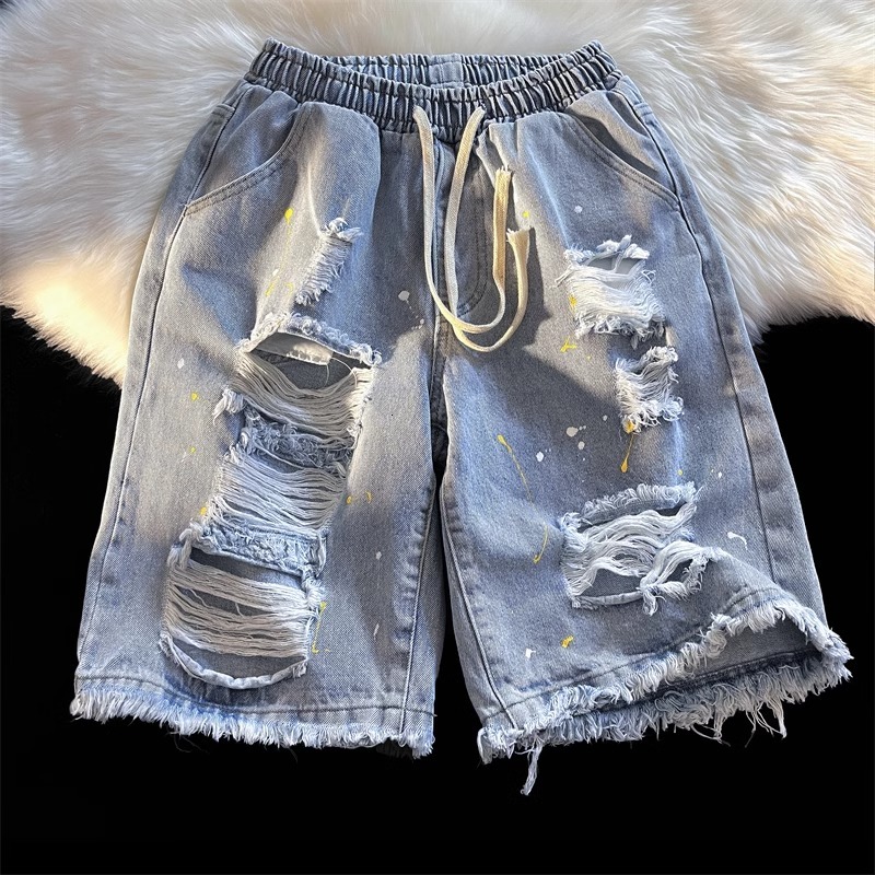 Original high-quality splashed ink ripped denim shorts for men in summer, thin design, niche and trendy brand