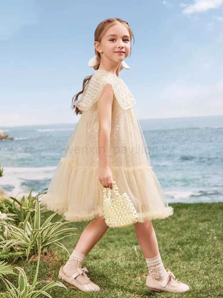 Girls Summer Light Luxury Mesh Dress Little Girl Pearl Neck Sequin Princess Tutu Dress 6-15YXJ240720