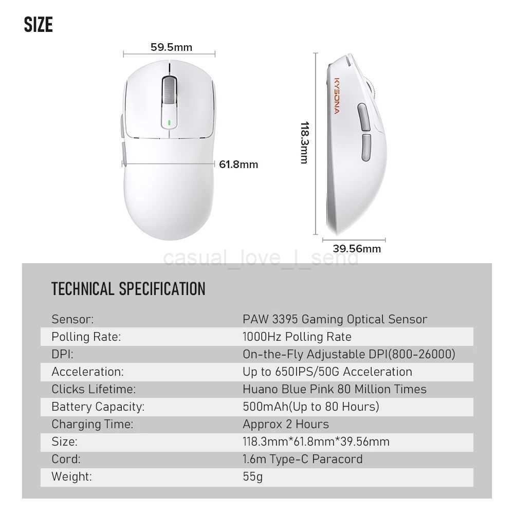 Kysona M600 PAW3395 White Wireless Gaming Esports Mouse 55g 26000DPI 6 Buttons Optical PAM3395 Computer Mice For Laptop PCCL240720
