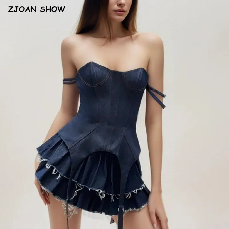 Sexy Slash Collar Navy Denim Crop Top Women High Waist 2 Layers Swing Fringed Hem Mini Skirt Suits 2 pieces 1 Set 240715