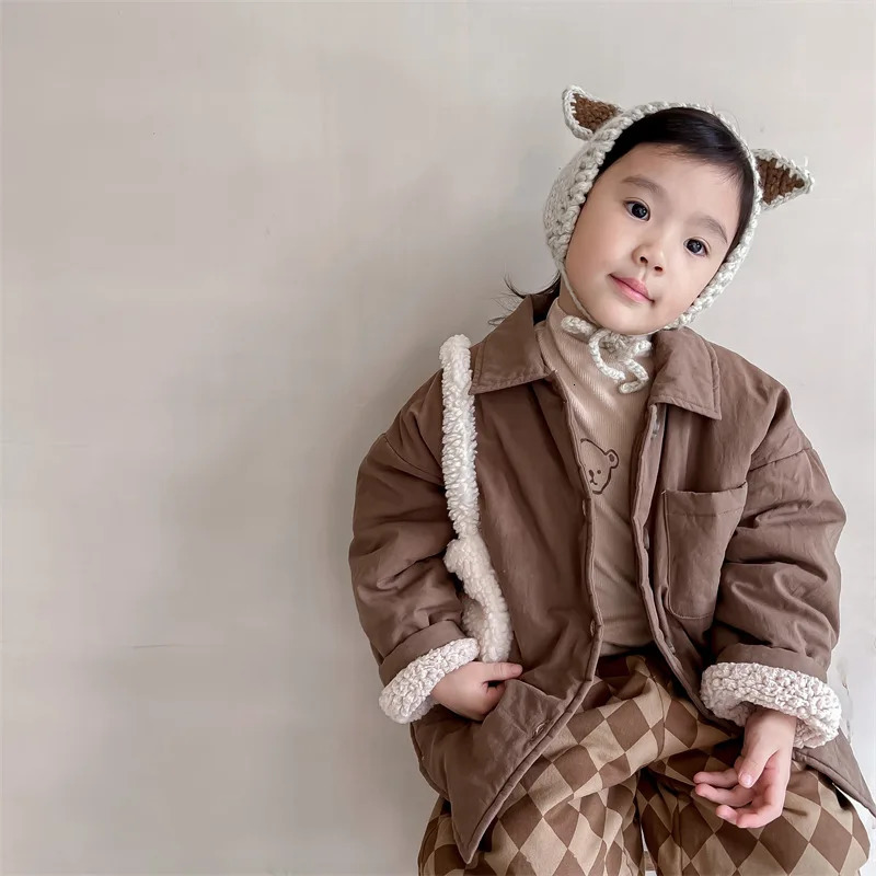deer jonmi Winter Children Fleece Lining Thicken Warm Outerwear Solid Color Korean Style Toddlers Kids Casual Coats 240716