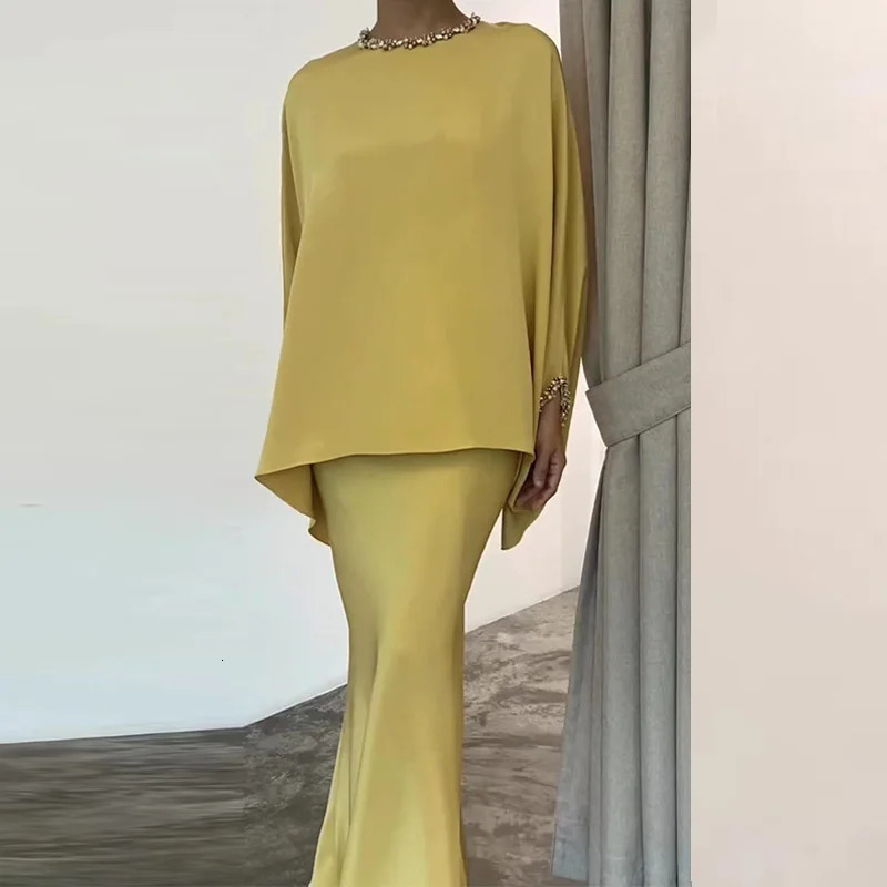 High Fashion Commuting Satin Set Elegant Batwing Sleeve Tops Blouse Slim Long Skirt Outfits Women Casual Loose Two Piece Suits 240713
