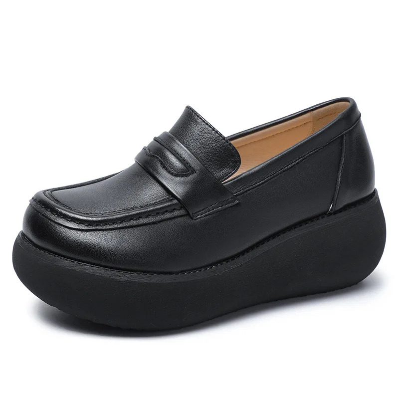 Single Shoe Genuine Leather Loafers Womens Brown Retro Slope Heel Ethnic Style Shoes 240718