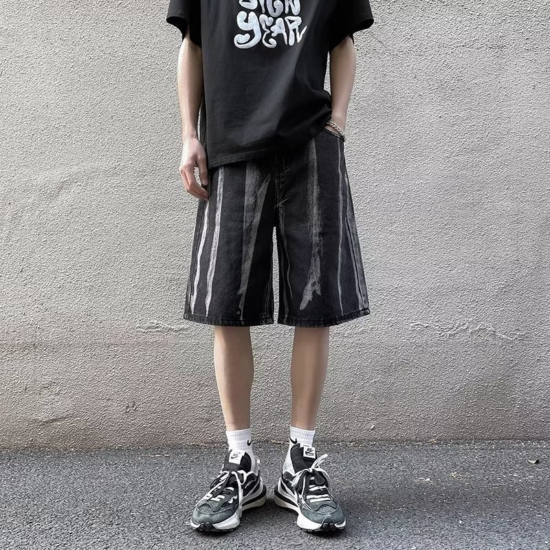 Trendy brand tie dyed denim straight leg capris, summer loose pants, men's shorts, American high street pants