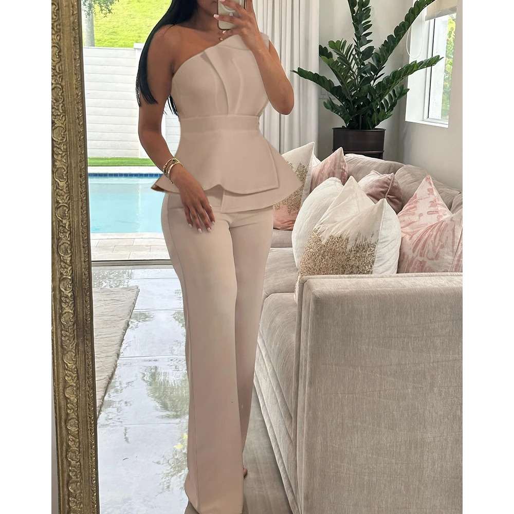 Womens one shoulder pleated top straight leg pants set elegant solid color twopiece office suit y2k clothing 240718