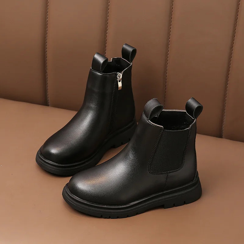 Winter Kids Fashion Martin Boots Childrens Rubber Outsole Non-slip Warm Zipper Leather Ankle Boots Boys Girls Casual Shoes 240710