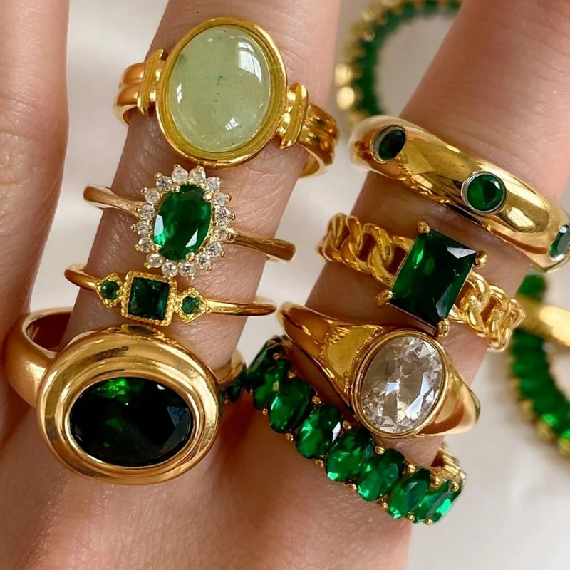 Gold Plated Stainless Steel Inlaid Green Zircon Ring Ladies Fashion Versatile Rings Jewelry 240713