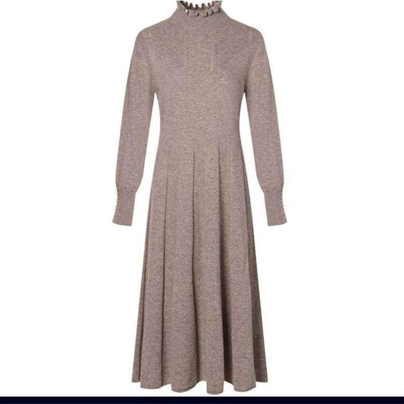 Autumn Winter Woolen Dress Womens Long Pullover Loose Over Knee Dress Versatile Elegant Knitwear Bottom Long V-Neck Dress 240710