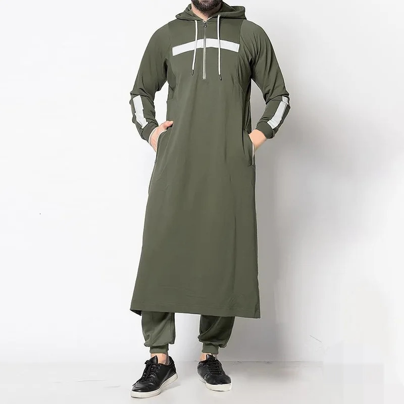 Mens clothing Muslim Abaya Islamic Kaftan fulllength hoodie Arabic mens sportswear oversized top zipper 240717