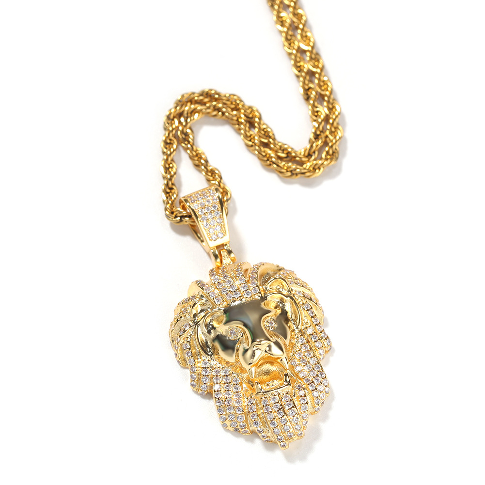 Hip Hop Lion Head Pendant Necklace 18k Gold Plated with Rope Chain Mens Rap Jewelry