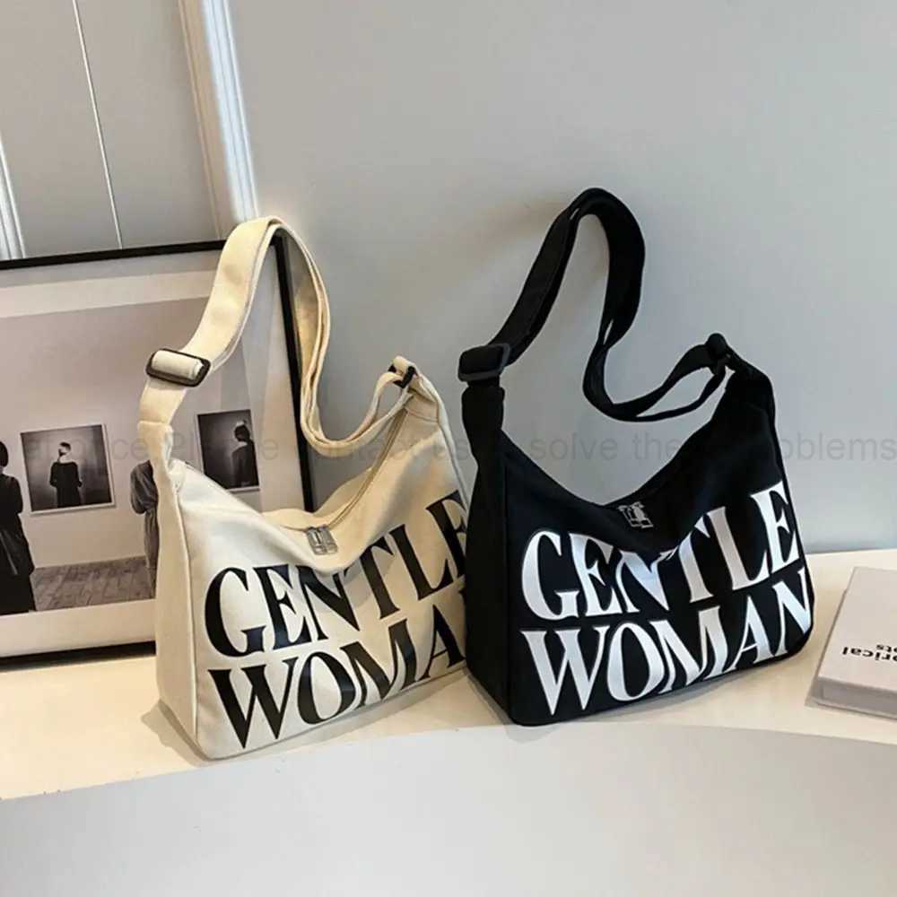 Gentlewoman Large Capacity Letters Canvas Portable Shoulder Tote Bags Students Crossbody Bag Fashion Outing Handbags Z240910