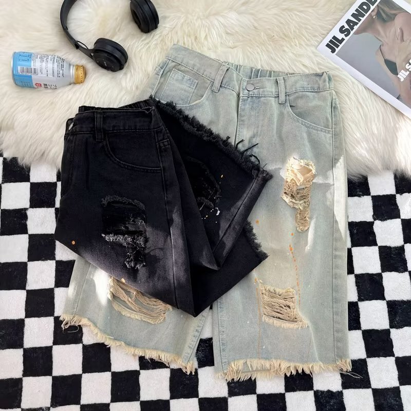 Hairy ripped denim shorts, men's American ins, summer washed and worn pants, straight leg trendy brand high street five quarter pants