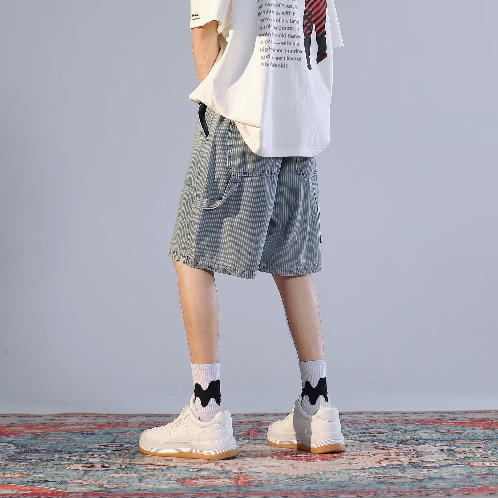 Denim shorts, loose lace up, summer thin men's middle pants, oversized fat, trendy brand work clothes, cropped pants