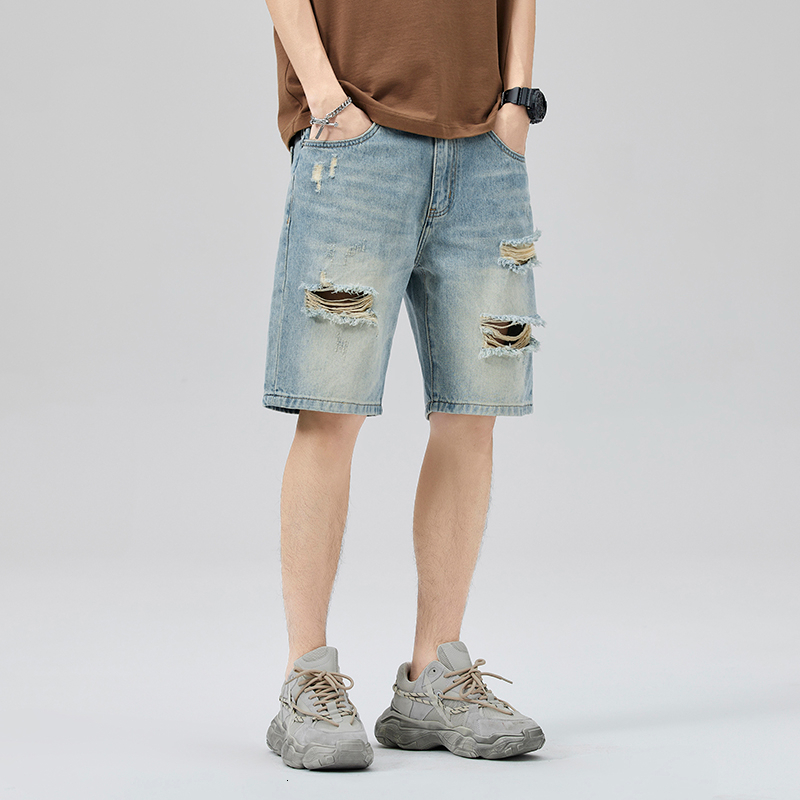 2024 Summer American Light Blue Washed Piercing Trendy Brand Denim Five Cent Shorts Men's Wear