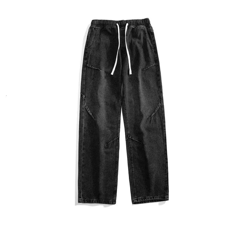 Hip Hop Fashion Drawstring Jeans Mens Streetwear Vintage Wide Leg Straight Denim Trousers Y2K Baggy Pantalones Hombre 240716