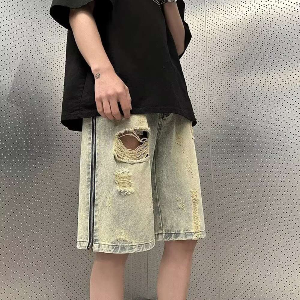 Yellow mud dyed distressed denim shorts, men's side zipper, summer American high street sports and leisure five part pants