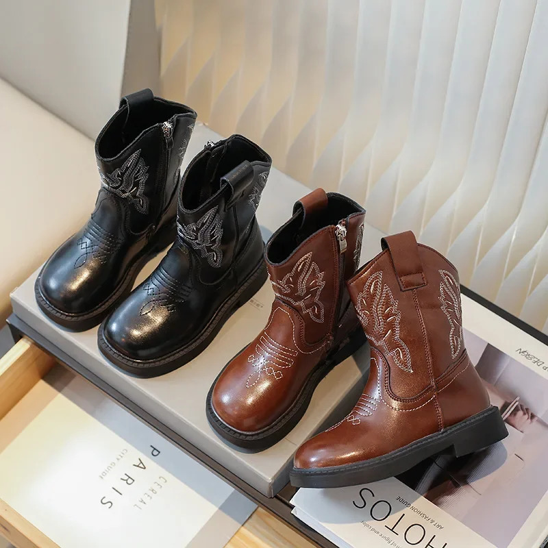 Embroidery Girls Cowboy Boots PU Leather Round Toe Zip Kids Mid Calf Short Shoes PU Leather Solid Children Fashion Boots 240710