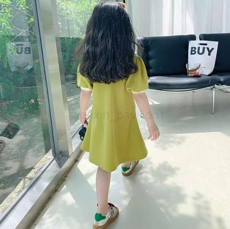 2024 New Childrens Dress Korean Edition Girls Summer Bubble Sleeves Flip Collar Love Dress 1-10 Year Old Casual Princess DressXJ240720