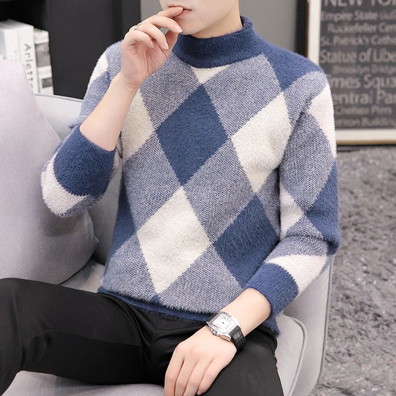 Warm mink cashmere sweater mens winter round neck drawstring skipping rope soft thick Christmas 240718