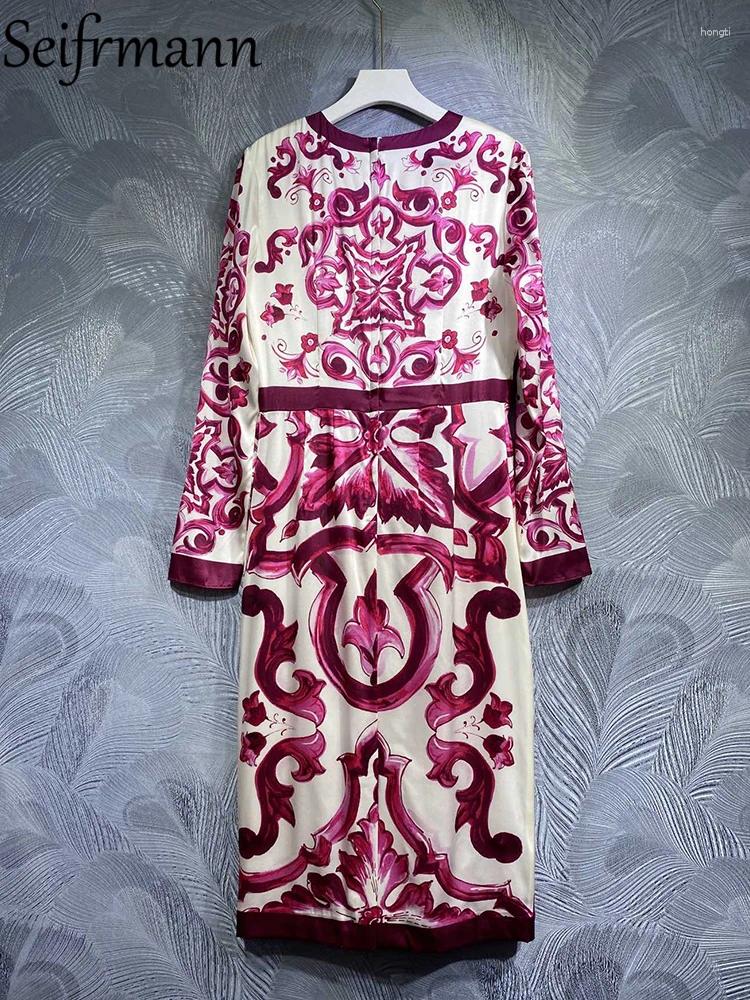 Casual Dresses Seifrmann High Quality Summer Women Fashion Designer Real Silk Dress Long Sleeve Red White Porcelain Printed Penci