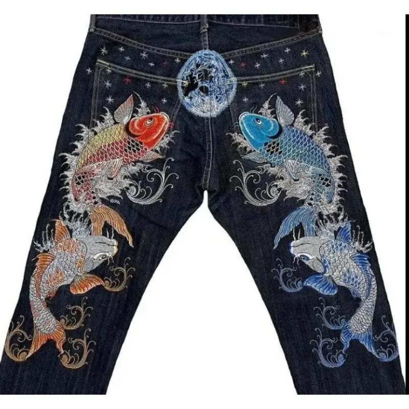 European and American style street jeans male Y2K printed hip hop high waist straight retro loose wide leg pants denim trousers 240716