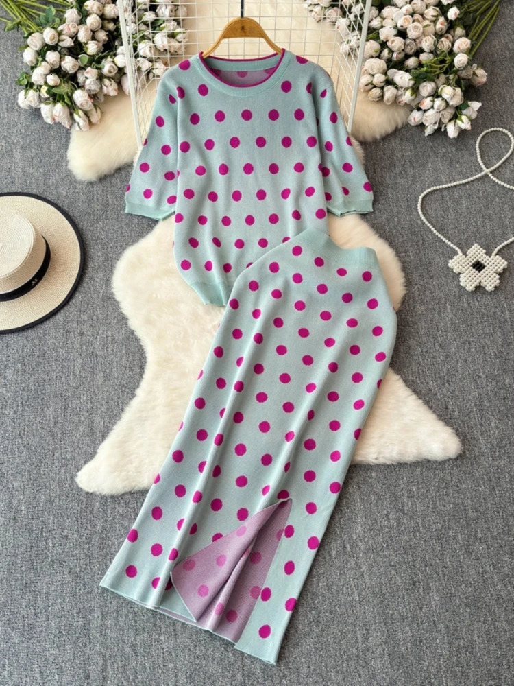Foamlina Women Vintage Polka Dot Knitted Two Pieces Set Casual O Neck Short Sleeve Top and Elastic Waist Split Long Skirt Suits 240712