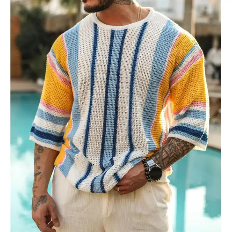 Striped Knitted Sweater For Men Korean Clothing Mens Short Sleeve Knit Sweater Mens Summer Jumper Knitted Short Sleeve Summer 240710