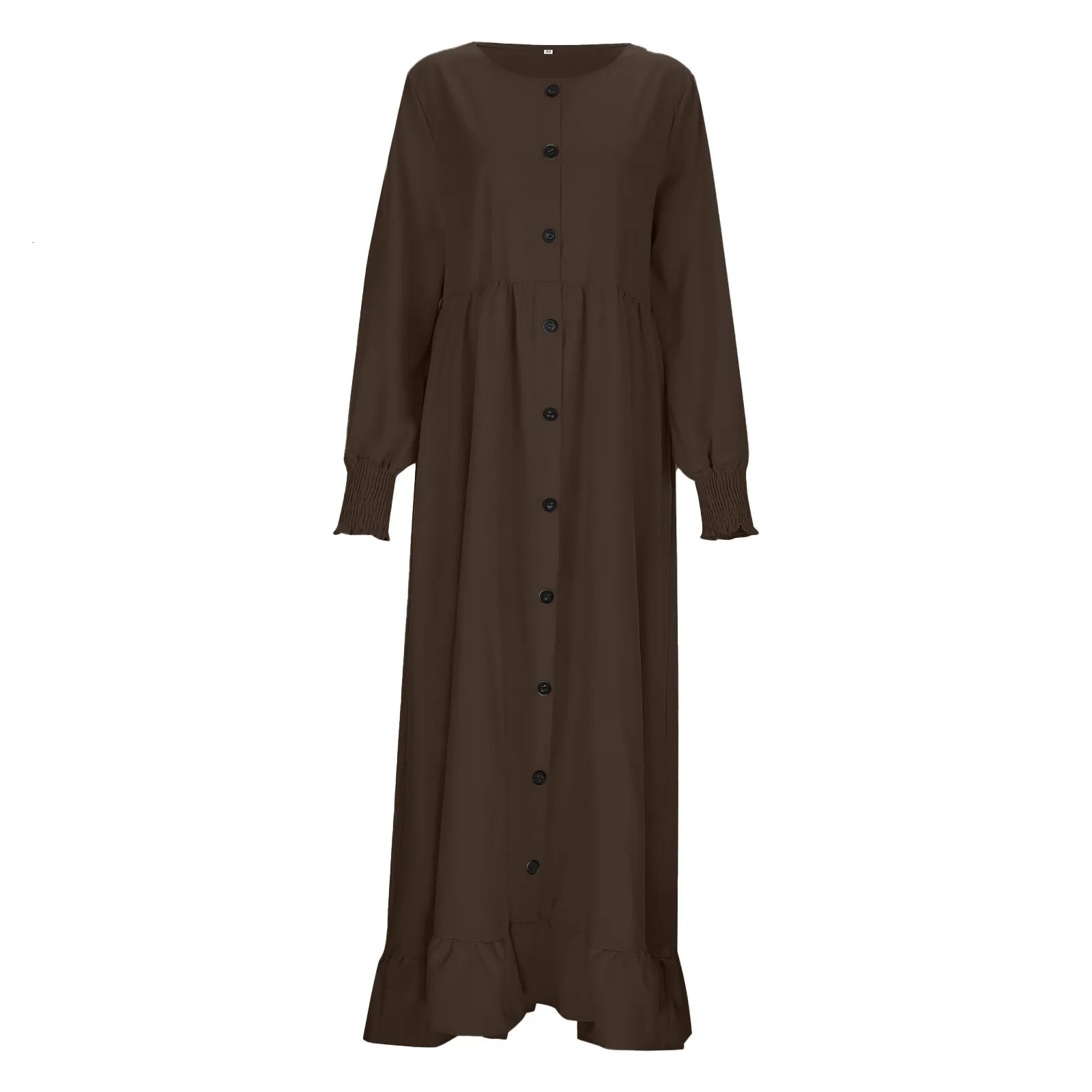 Muslim Hijab Dubai Abaya Long Dresses Women Retro Casual Maxi Dress Oversized Round Neck Ruffle Hem Musulman Djellaba 240712