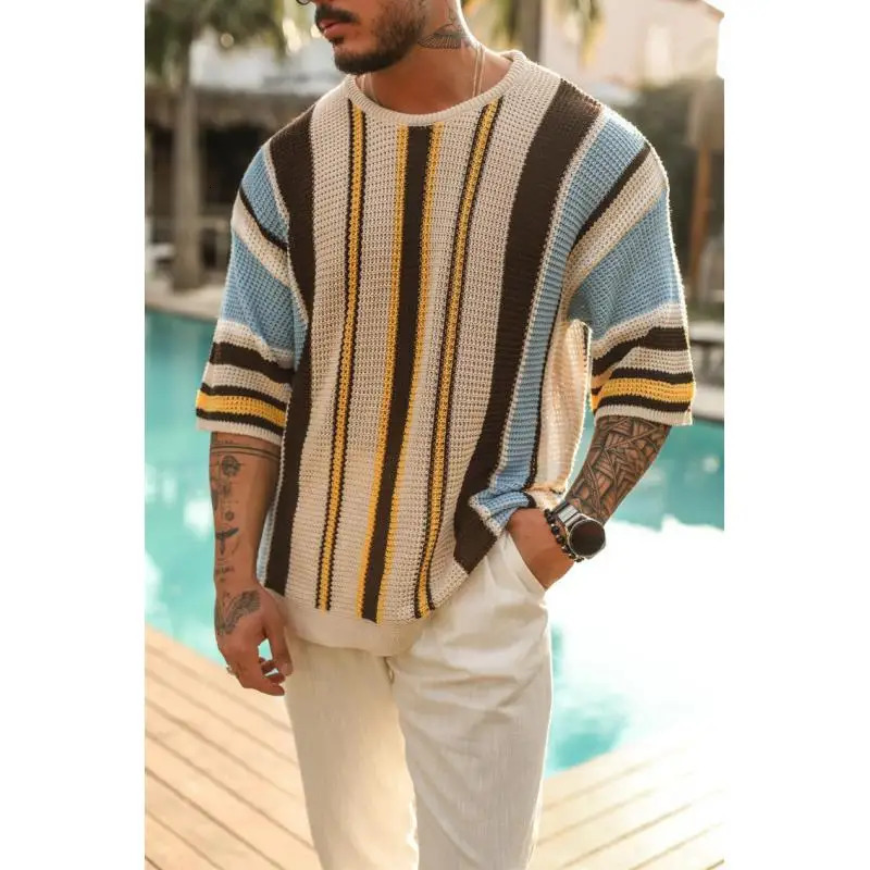 Striped Knitted Sweater For Men Korean Clothing Mens Short Sleeve Knit Sweater Mens Summer Jumper Knitted Short Sleeve Summer 240710