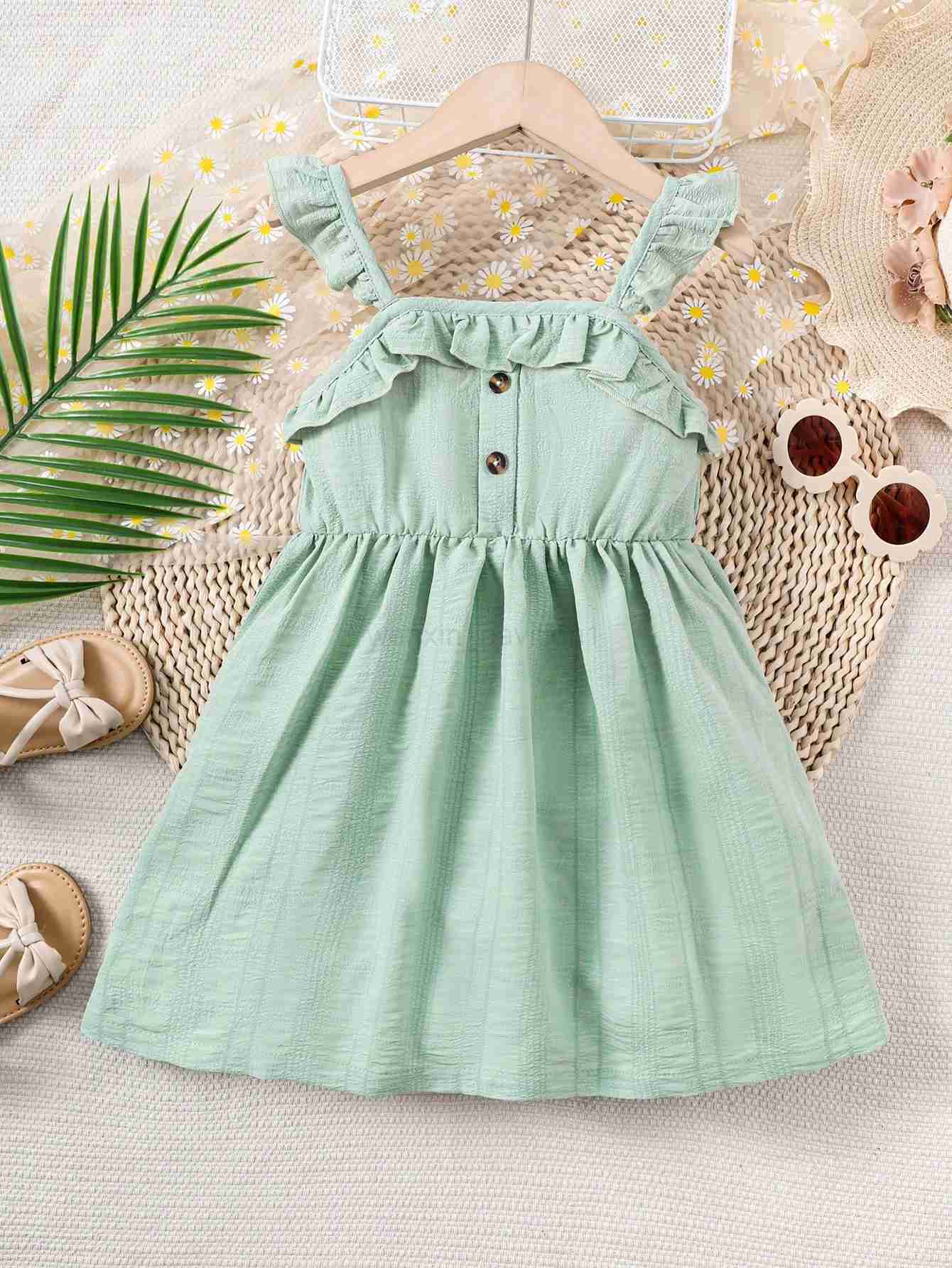 Summer Child Girls Princess Dress Ruffle Solid Color Fly Sleeve Sling Dress Fresh Pastoral Party Clothes For Kids Girl 4-7 YearsXJ240720