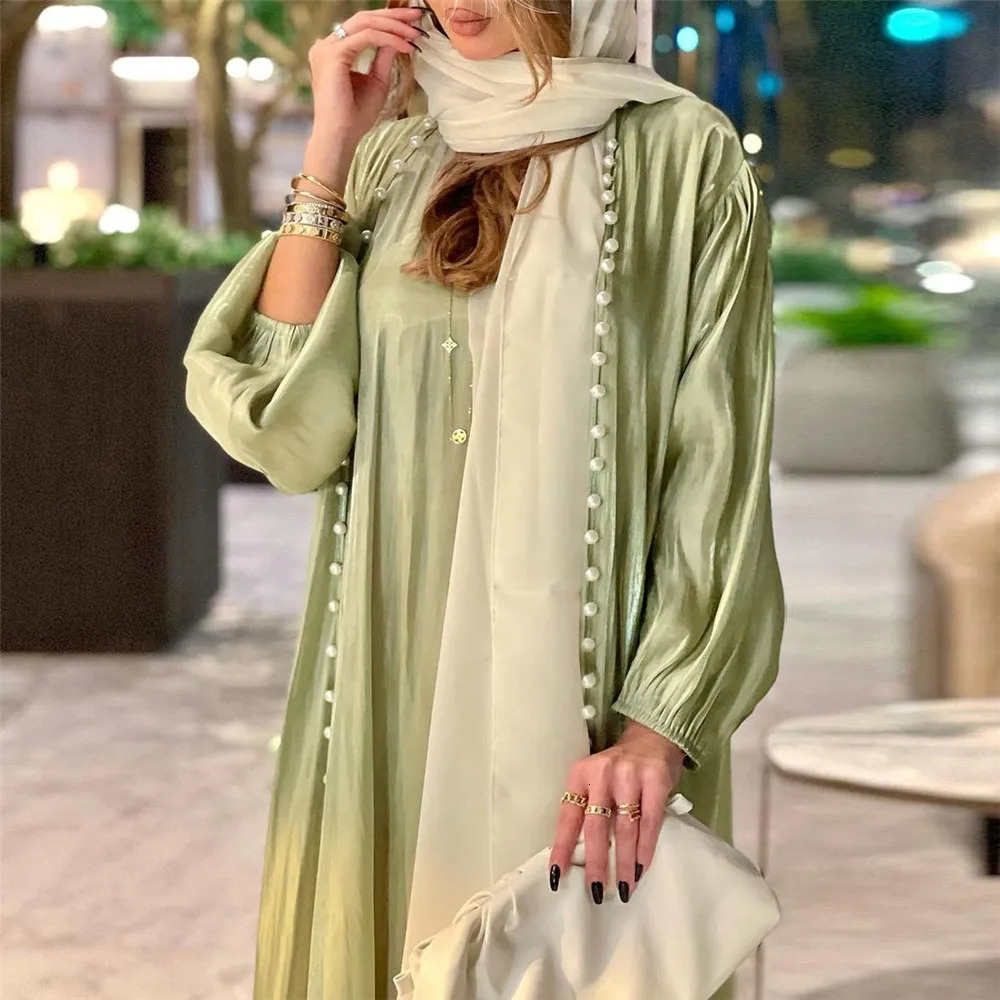 Elegant Muslim Abaya 2 Pieces Matching Sets Beads Satin Women Hijab Dress Evening Gown Turkey Arab Islam Outfits Caftan Moroccan 240712