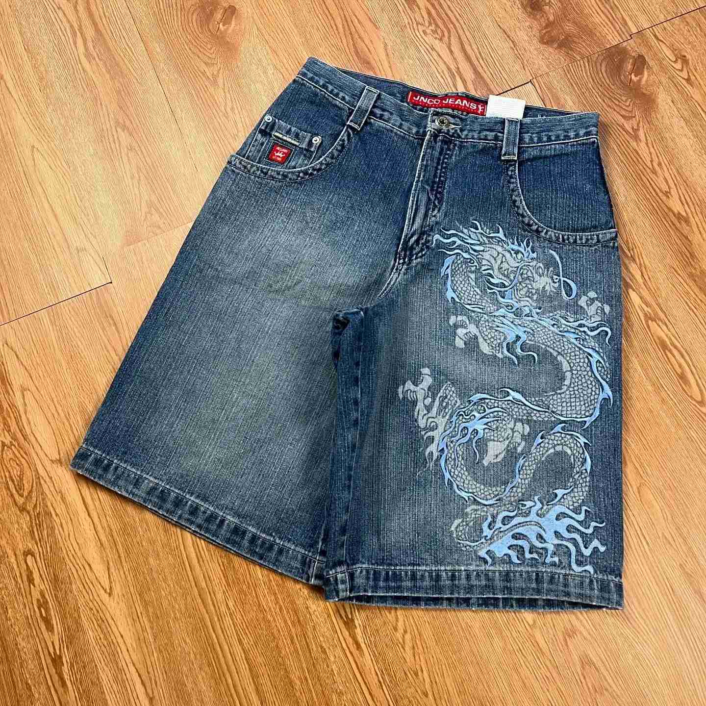 Harajuku Dragon JNCO Shorts Y2K Graphic Retro Blue Baggy Denim Gym Shorts Pants Mens Womens New High Waist Basketball Shorts M240720